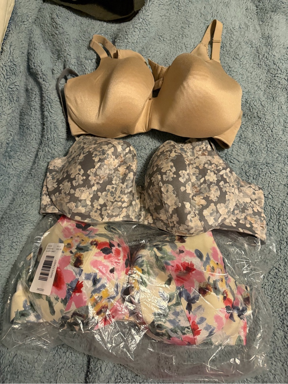 Cacique 3-Pack Bras – Nude, Gray Floral, and Multicolor Floral